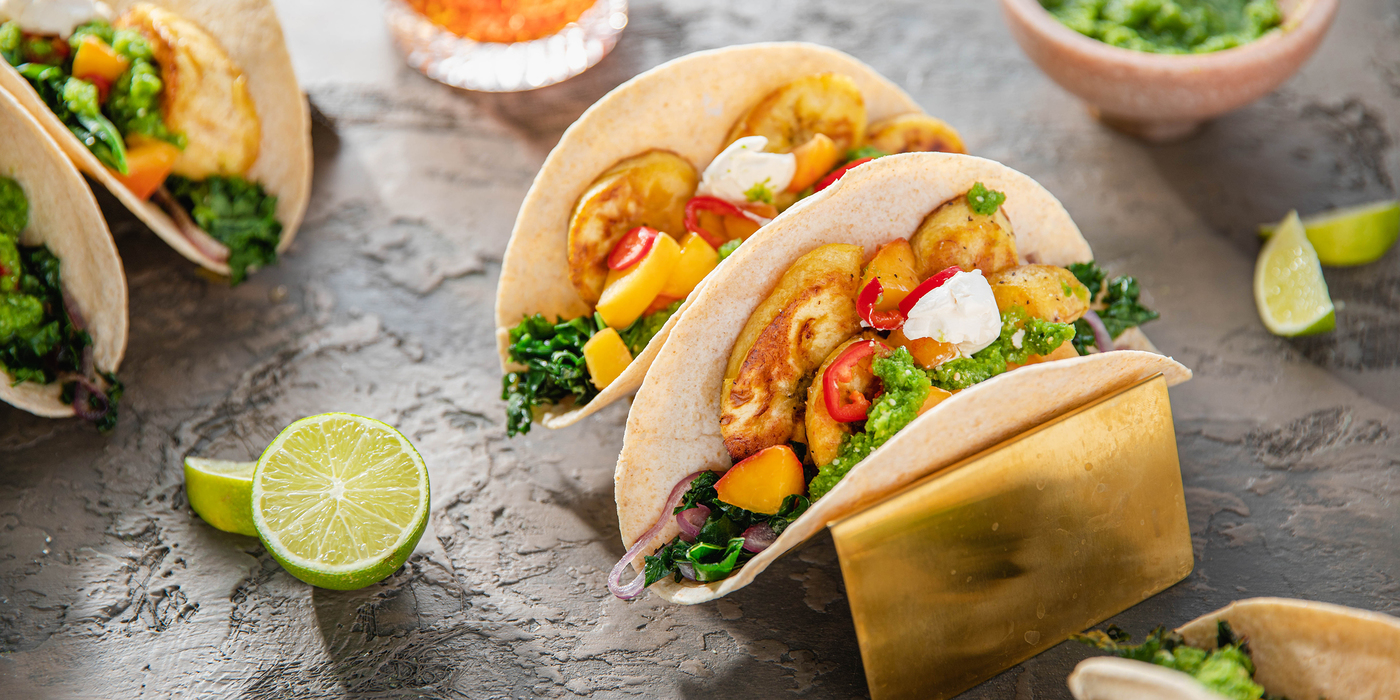 Crispy Plantain Tacos with Fiery Green Sauce & Apricot