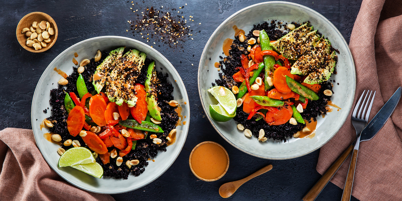 Peanut Vegetable Buddha Bowls with Midnight Grains & Nori Avocado