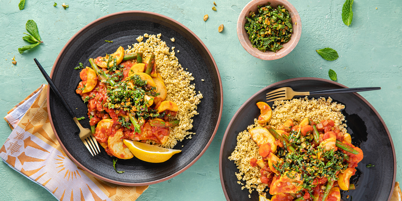 Moroccan Vegetable Tagine with Harissa & Mint Pistachio Pistou