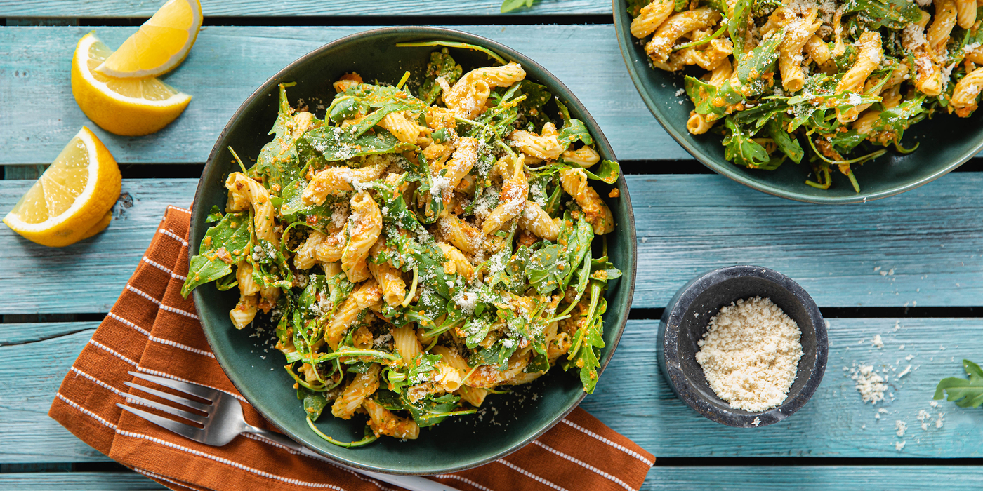 Carrot Pesto Cavatappi with Lemon Arugula & Parmesan