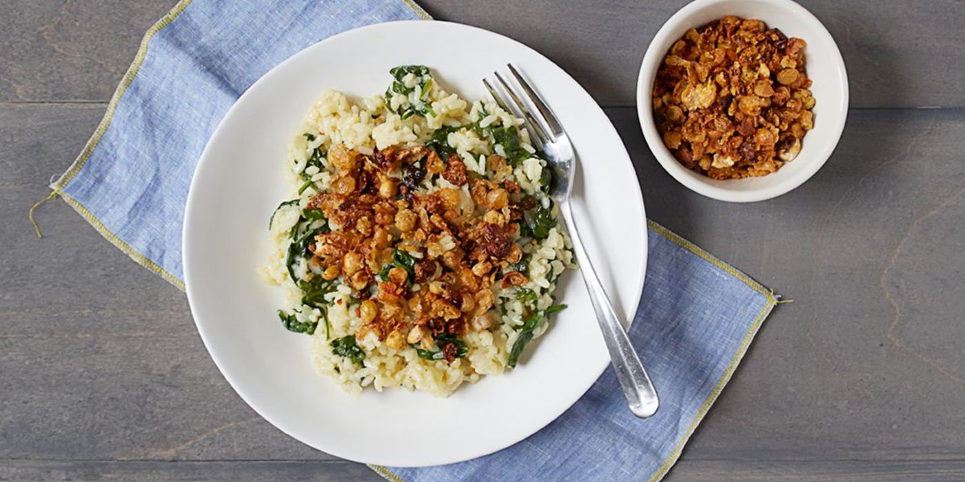 Spinach Risotto Topped with Spiced Chickpea Crumble