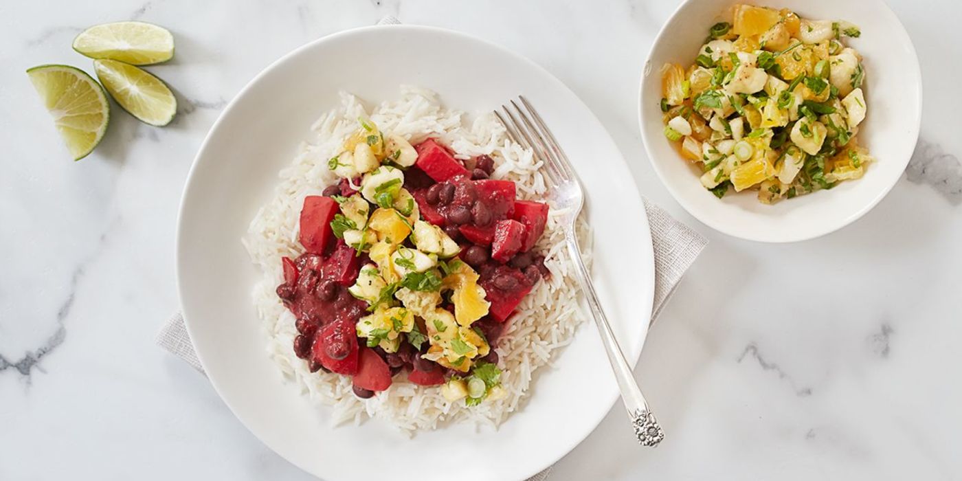 Brazilian Black Beans and Beets with Coconut Rice and Tropical Salsa