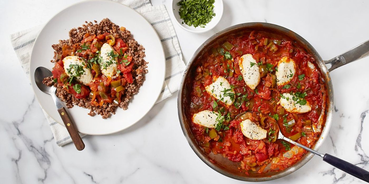 Shakshuka with Tofu Dumplings over Kasha