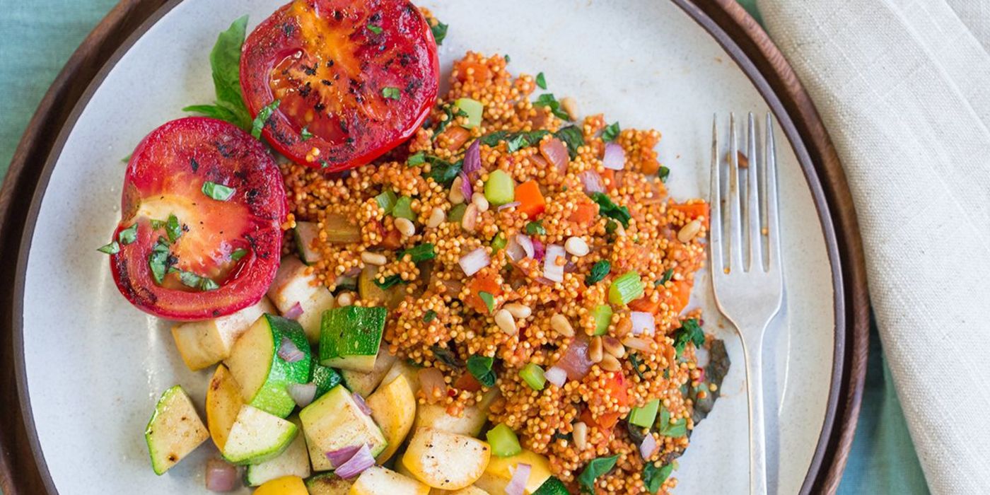 Moroccan Spiced Millet with Summer Squash and Roasted Tomatoes