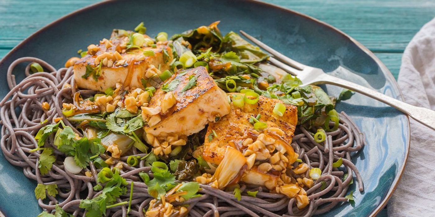 Pan-Seared Tofu over Black Rice Noodles