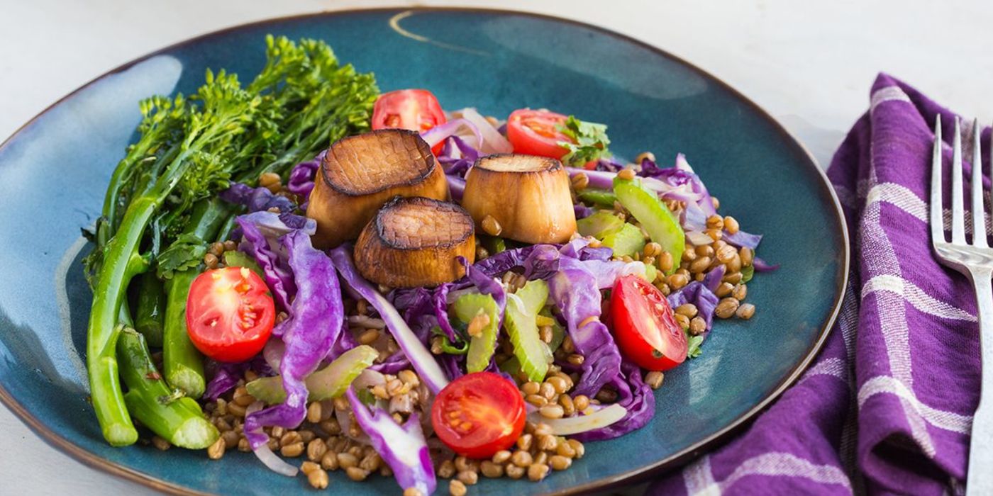 Seared “Scallops” with Stir-Fried Farro and Spicy Broccolini