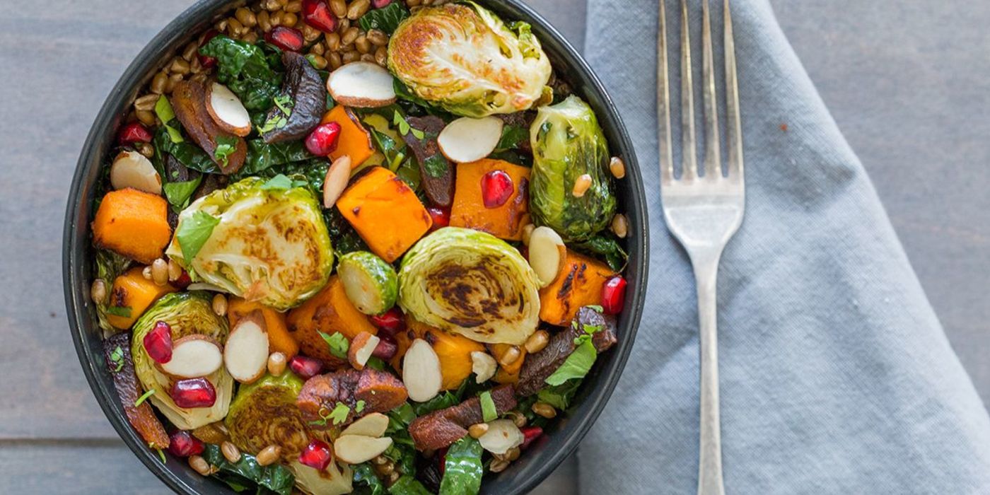 Apricot Wheatberry Bowl with Roasted Vegetables and Pomegranate Seeds