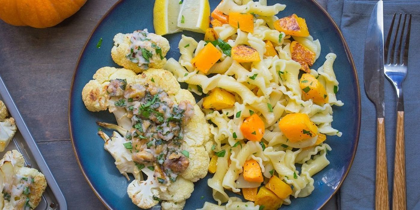 Walnut-Crusted Cauliflower Steak with Pumpkin Campanelle