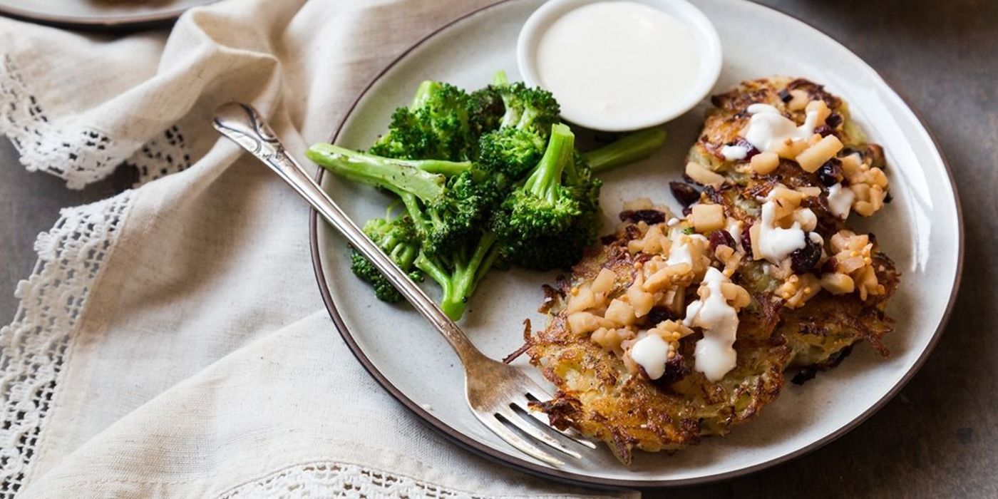 Latkes with Horseradish Cream, Apple Chutney, and Sauteed Broccoli