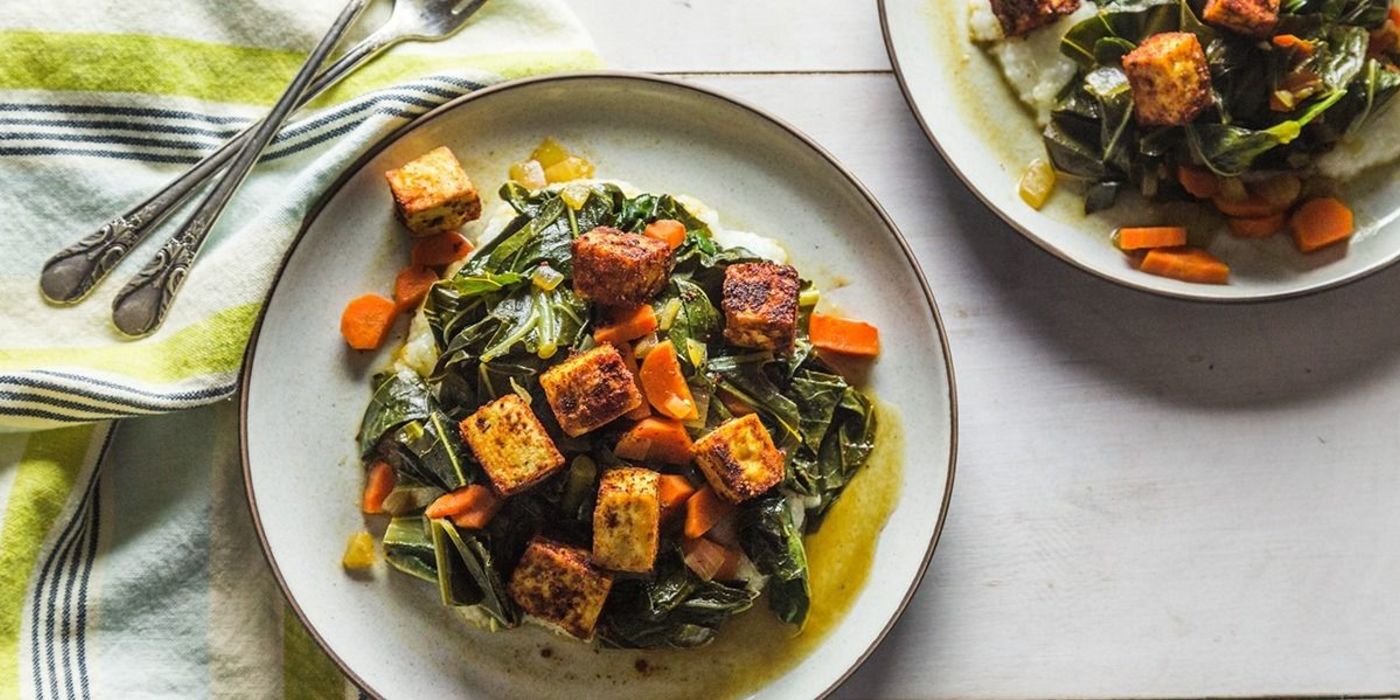 Cajun Baked Tofu with Braised Collards & Grits