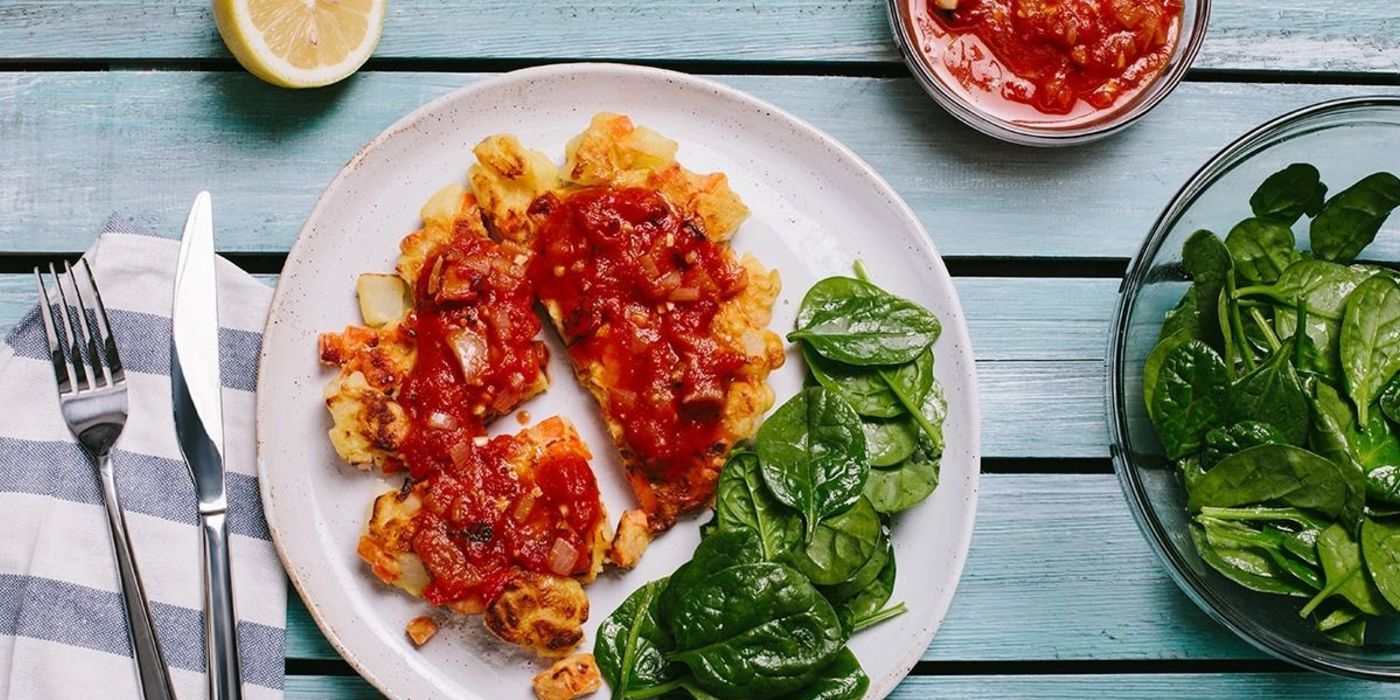 Tortilla Espanola with Spicy Tomato Sauce and Spinach Salad