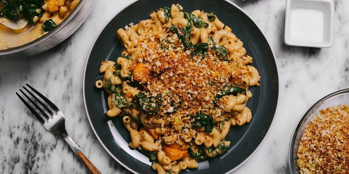 Butternut Macaroni and Cheese with Swiss Chard and Garlic Breadcrumbs