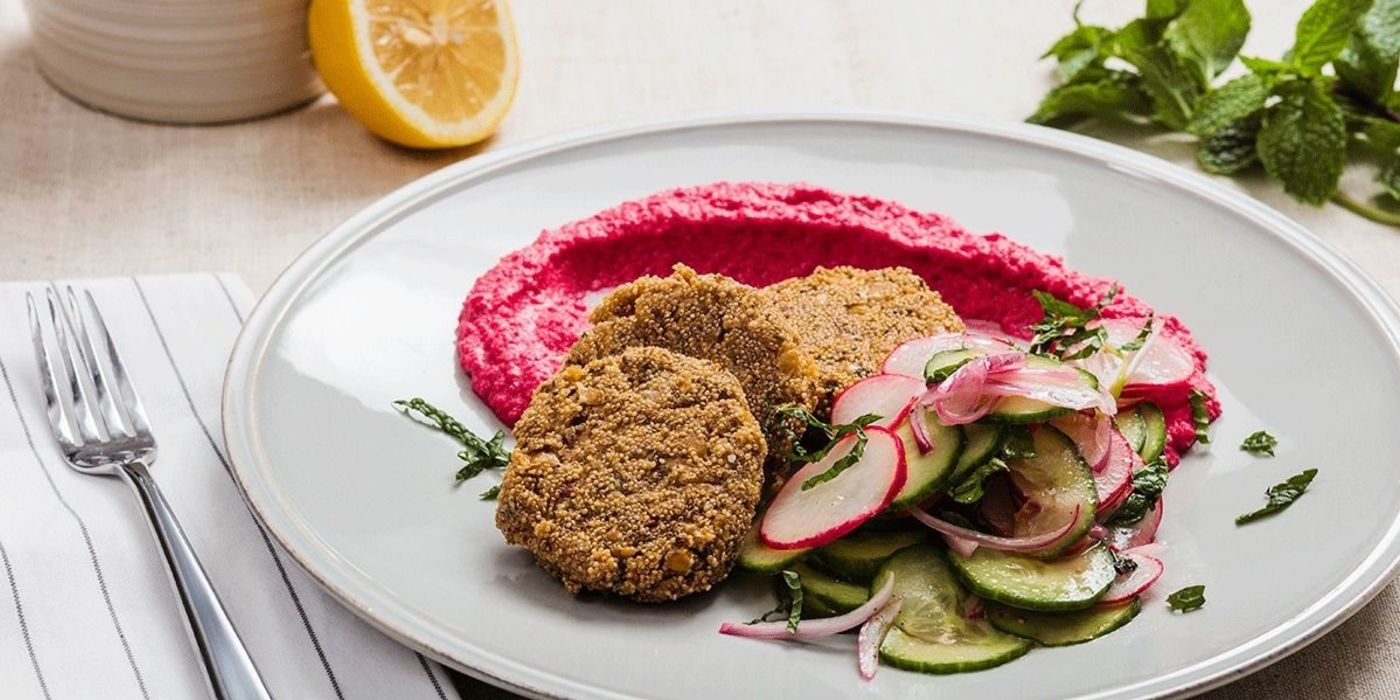 Amaranth Fritter Mezze with Beet Hummus & Minted Cucumber Salad