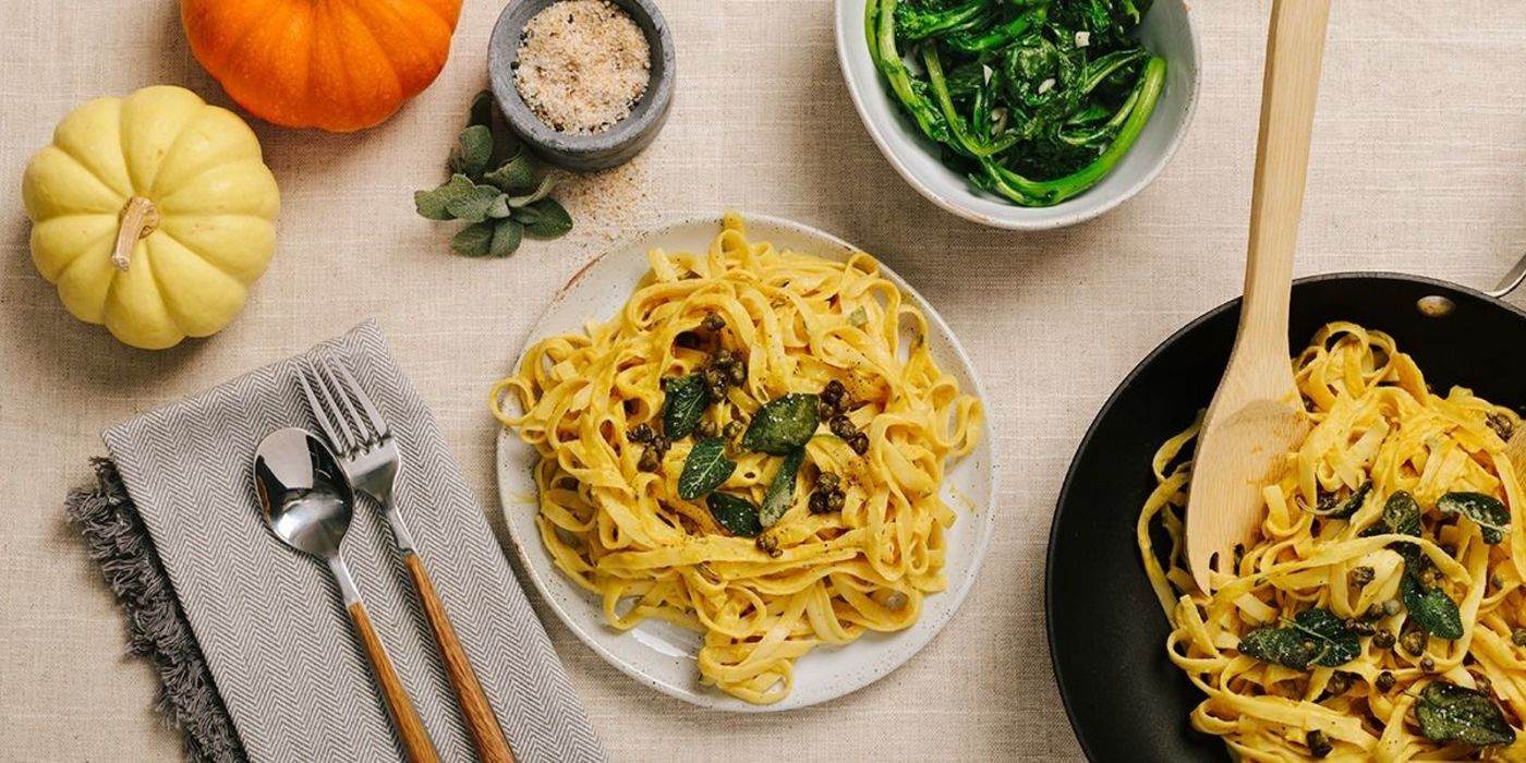 Pumpkin Fettuccine Alfredo with Crispy Sage and Broccoli Rabe