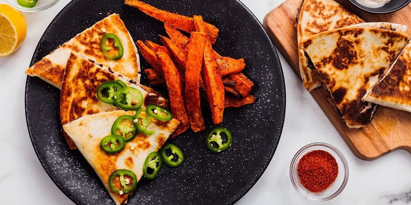 Kimchi Quesadilla with Togarashi Sweet Potato Fries and Meyer Lemon Aioli