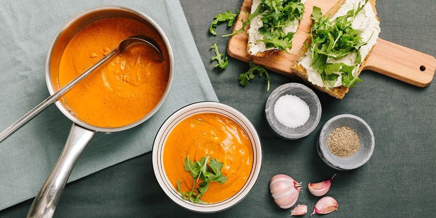 Creamy Tomato Bisque with Roasted Garlic Ricotta Bruschetta