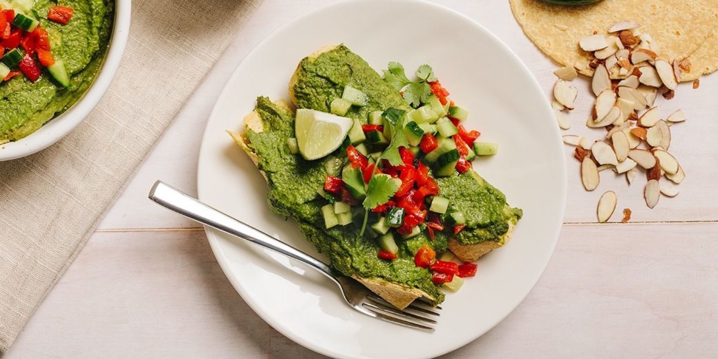 Black Bean Enchiladas with Green Romesco and Cucumber Salsa Fresca