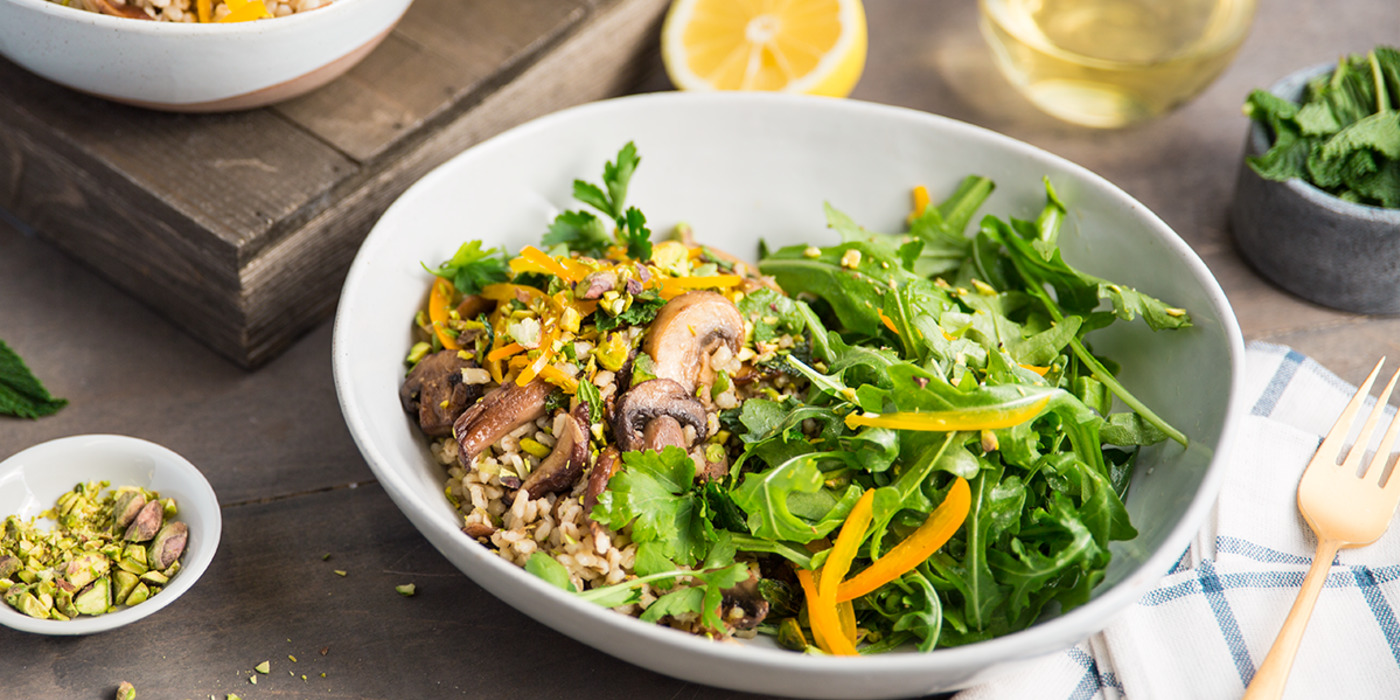 Herbed Barley Bowl with Buttery Mushrooms and Pickled Peppers