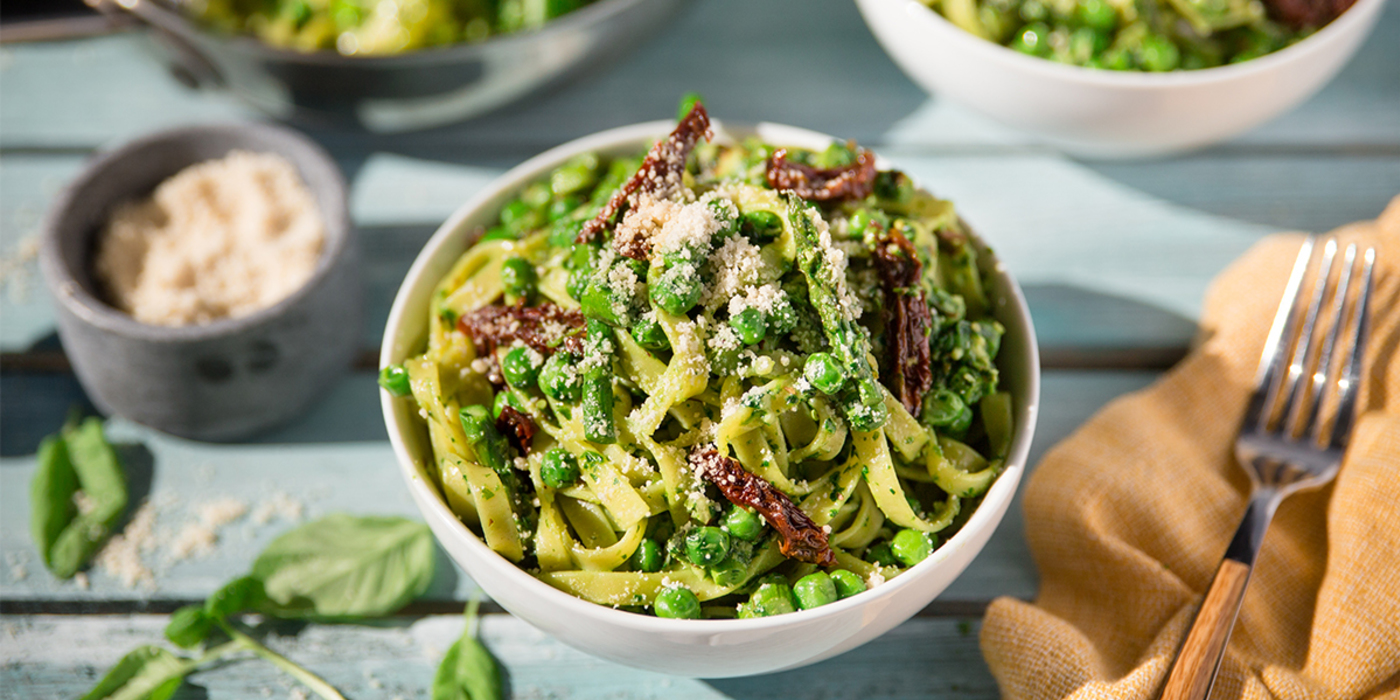 Tagliatelle with Bright Pesto & Spring Vegetables