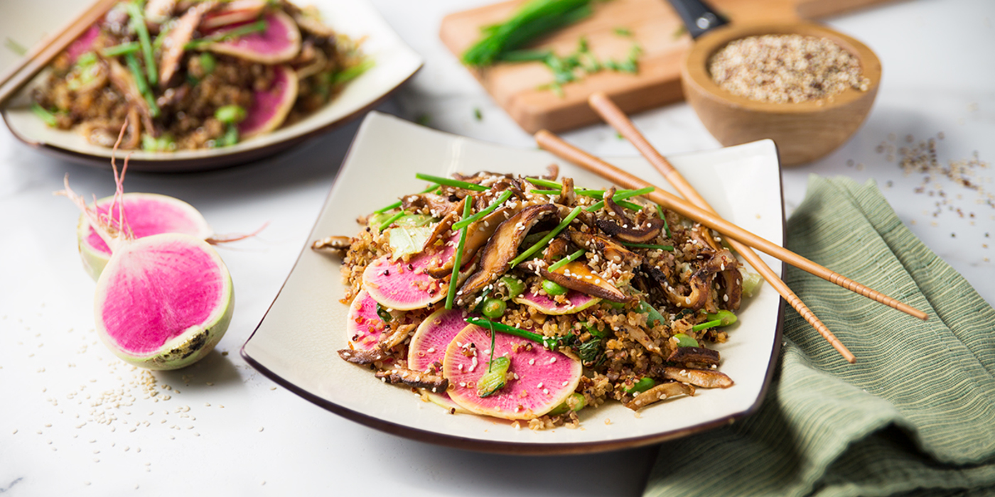 Toasted Quinoa Stir-fry with Crispy Sesame Shiitakes & Chinese Chives