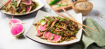 Toasted Quinoa Stir-fry with Crispy Sesame Shiitakes & Chinese Chives