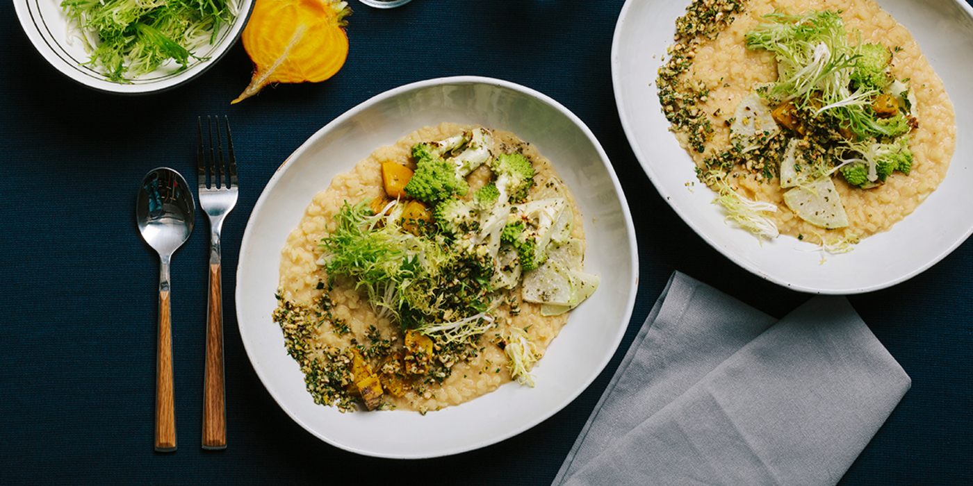 White Lentil Risotto with Roasted Winter Vegetables, Meyer Lemon & Cashew Gremolata