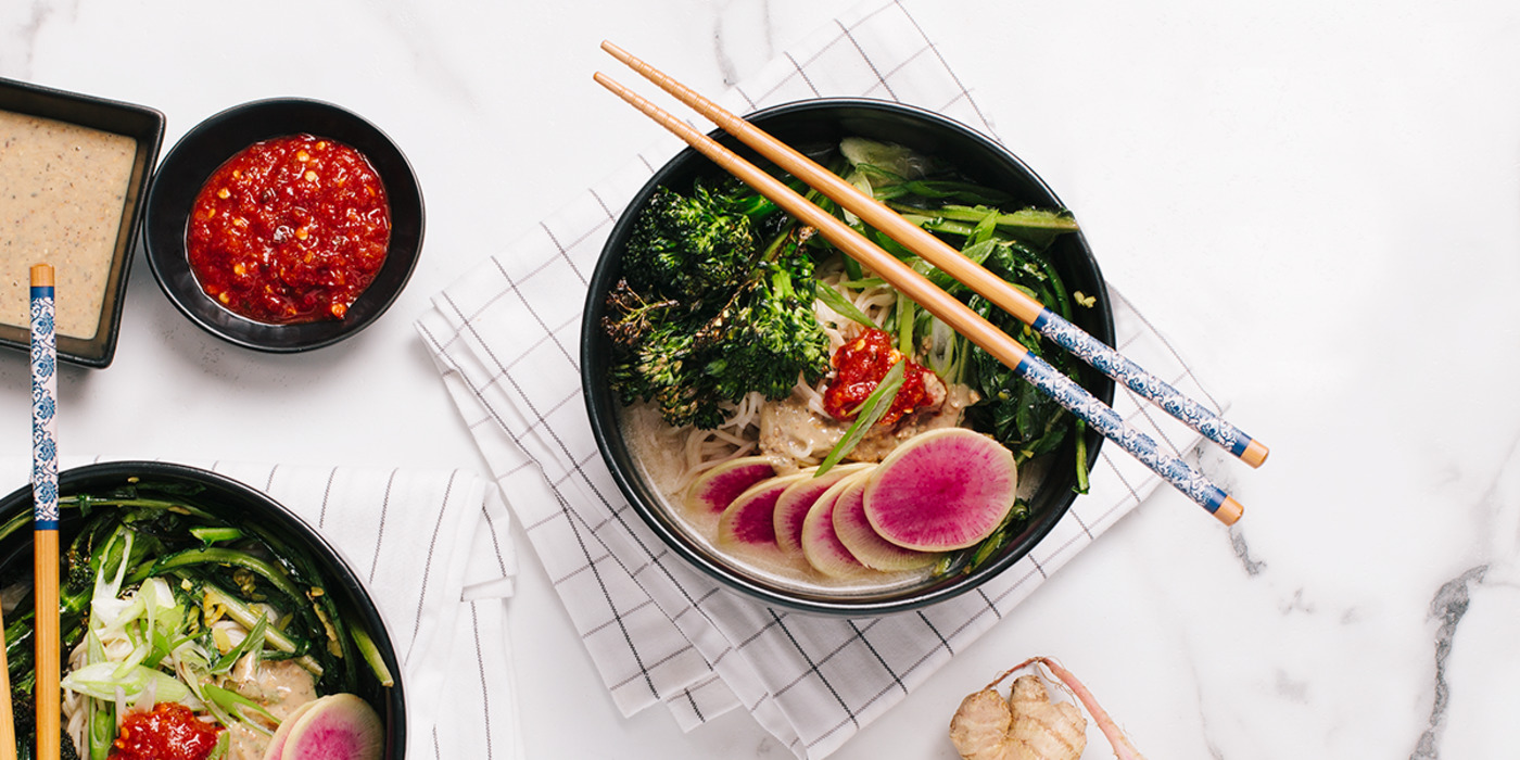 Ramen Bowl with Gingered Amaranth Greens & Watermelon Radish