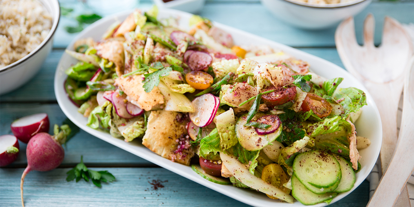 Spring Radish Fattoush with Sumac Vinaigrette & Minted Basmati Rice