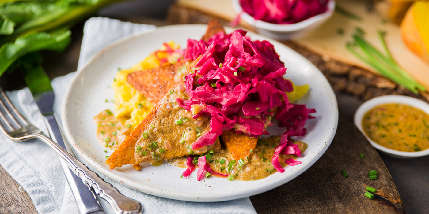 Mustard Glazed Tempeh with Red Kraut and Smashed Beets