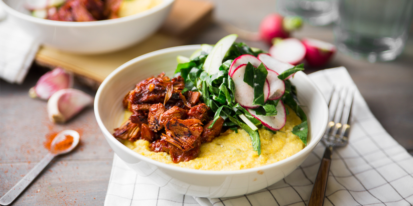 BBQ Jackfruit with Green Chili Polenta and Collard Apple Slaw