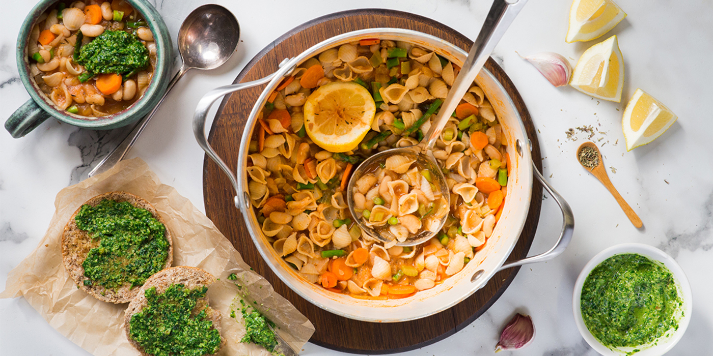 Pasta Fagioli with Tender Asparagus & Basil Pistou