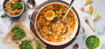 Pasta Fagioli with Tender Asparagus & Basil Pistou