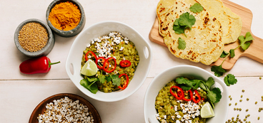 Mung Bean Dal with Tamarind, Popped Sorghum, and Flatbread