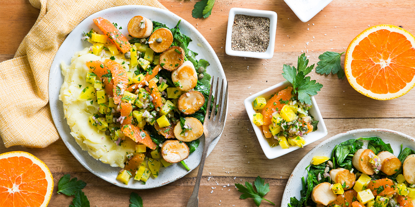 Seared “Scallops” with Gold Beet Citrus Salsa & Sauteed Spinach Yukon Mash