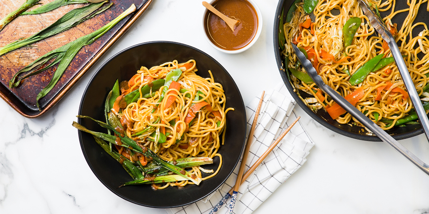 Vegetable Chow Mein with Baby Leeks & Miso Mustard Sauce