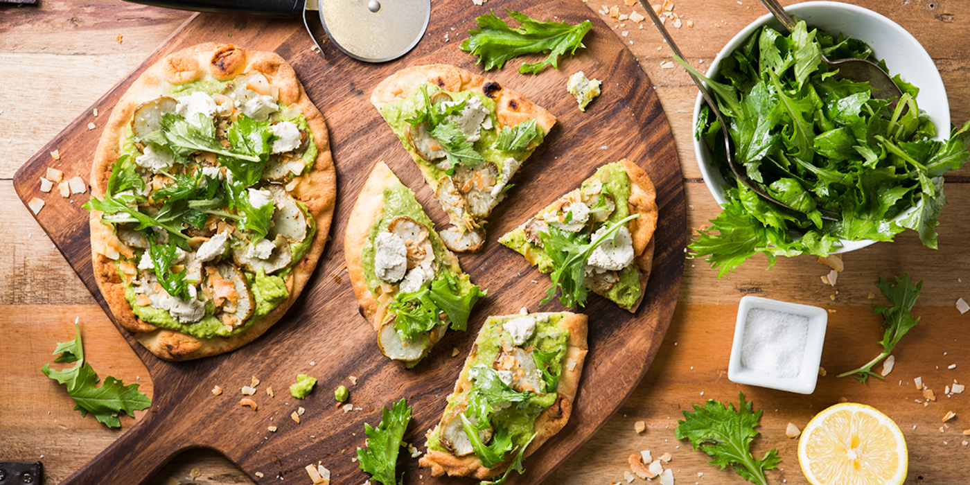 Sweet Pea Flatbread with Truffled Sunchokes & Mizuna