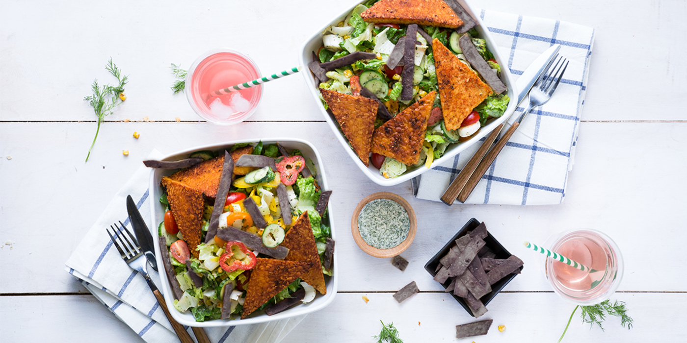 Blackened Tempeh Chopped Salad with Creamy Ranch & Crispy Tortillas