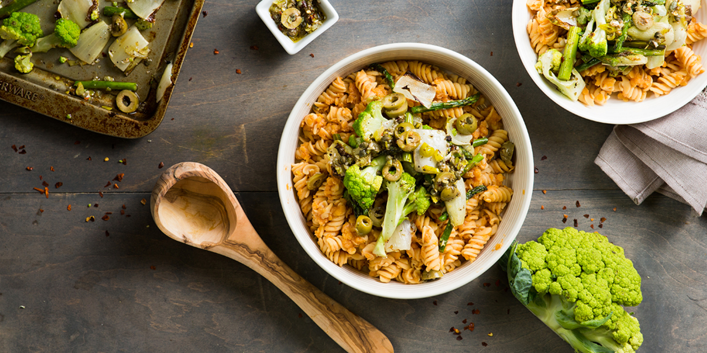 Red Lentil Puttanesca Pasta with Rotini & Marinated Vegetables