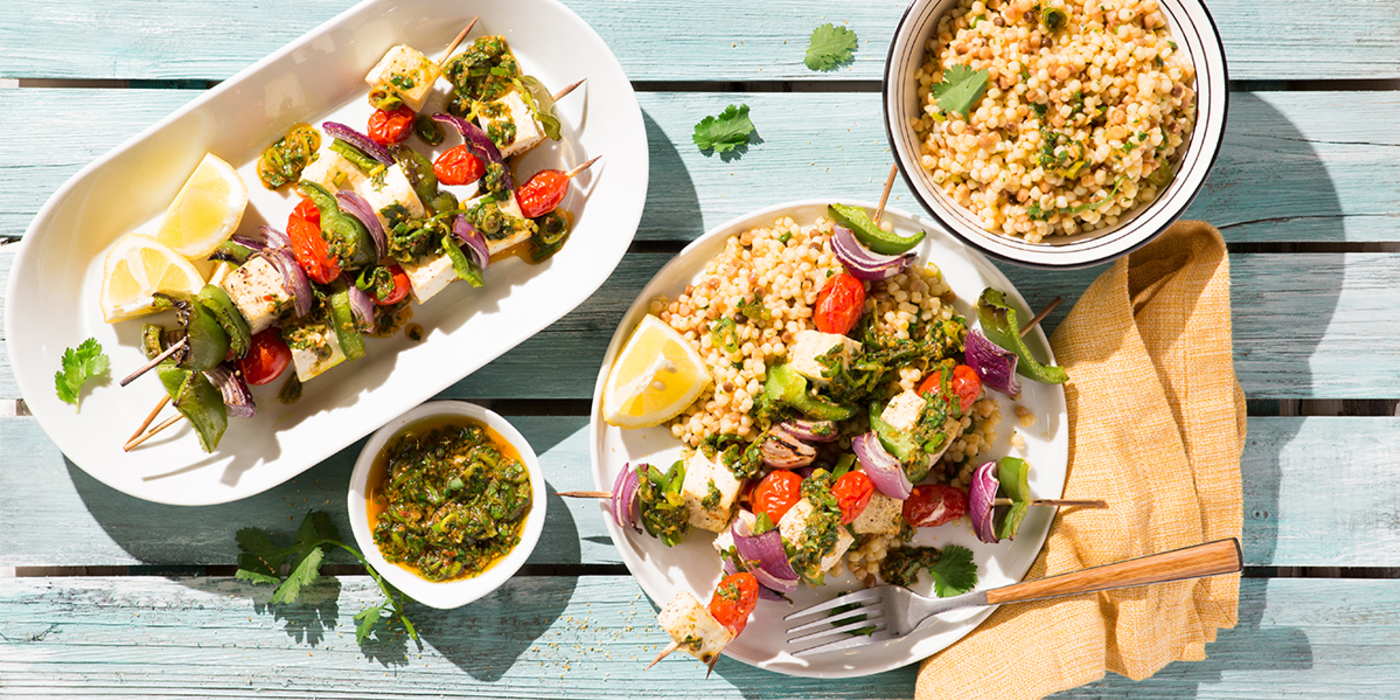 Tofu Vegetable Skewers with Chermoula Sauce & Fregola