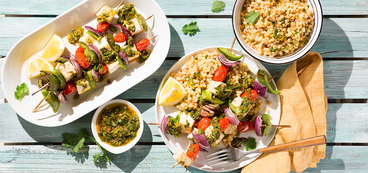 Tofu Vegetable Skewers with Chermoula Sauce & Fregola