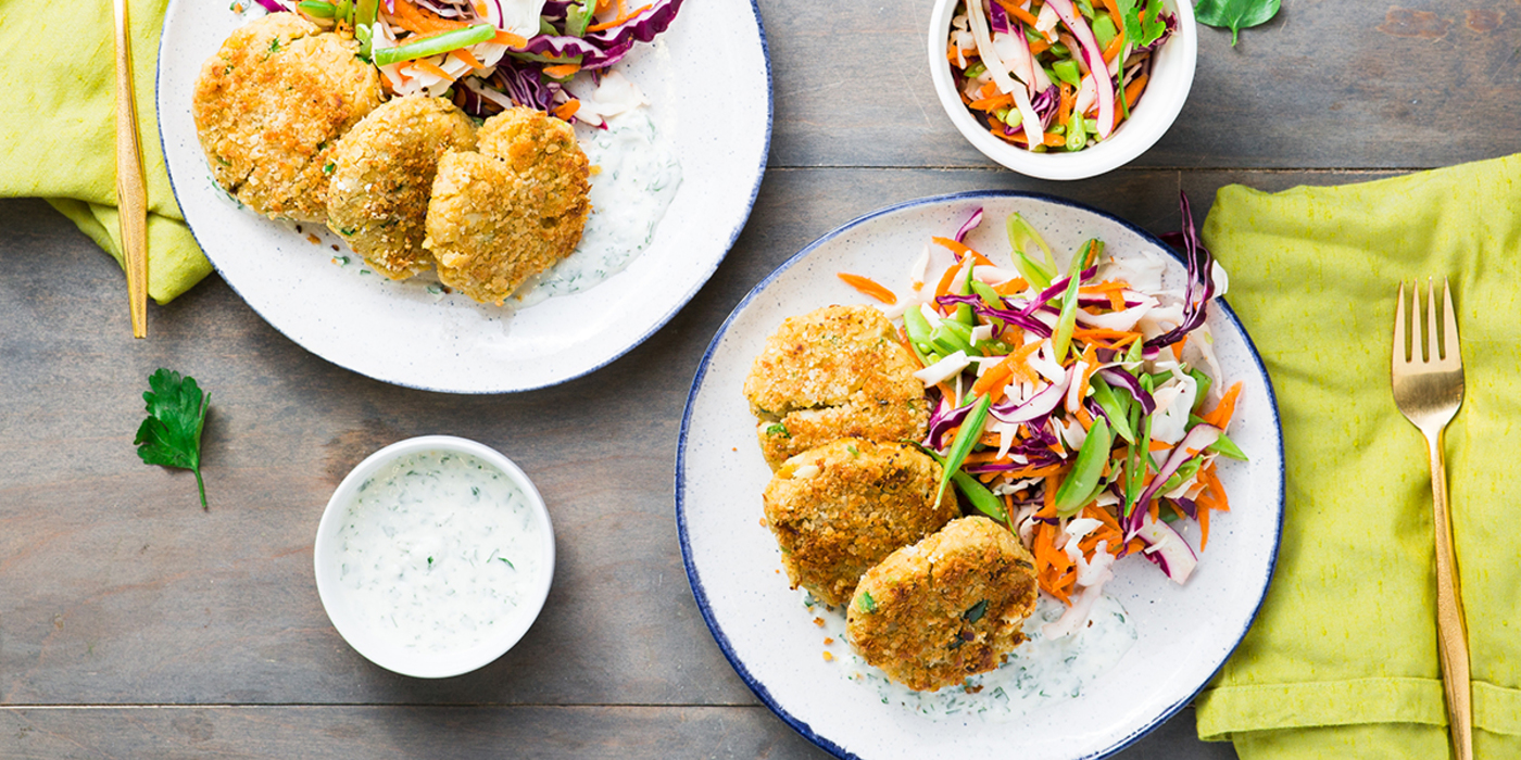 Fabcakes with Horseradish Tartar Sauce and Rainbow Slaw