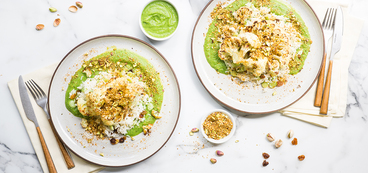 Cauliflower Steaks with Zucchini-Poblano Sauce & Pistachio Dukkah