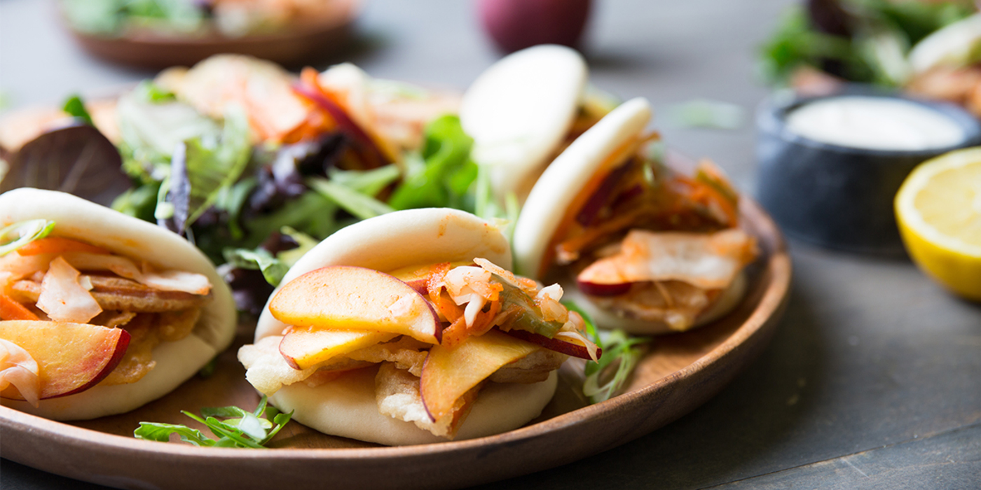 Tempura Sweet Potato Bao with Quick Peach Kimchi & Meyer Lemon Aioli