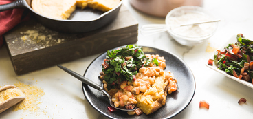 Southern Spoonbread with Black Eyed Pea Tomato Gravy & Greens