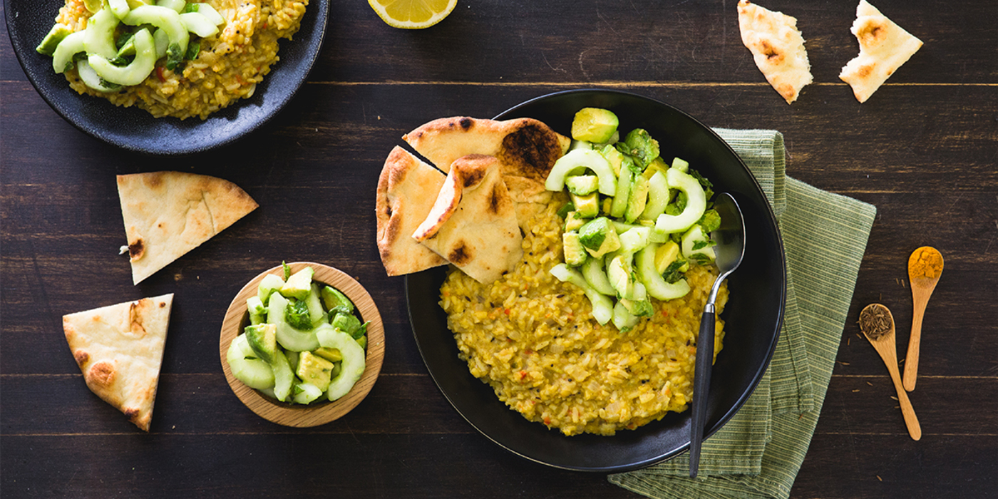 Wicked Healthy Kitchari with Minted Cucumber Avocado Salad & Toasted Naan