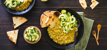 Wicked Healthy Kitchari with Minted Cucumber Avocado Salad & Toasted Naan