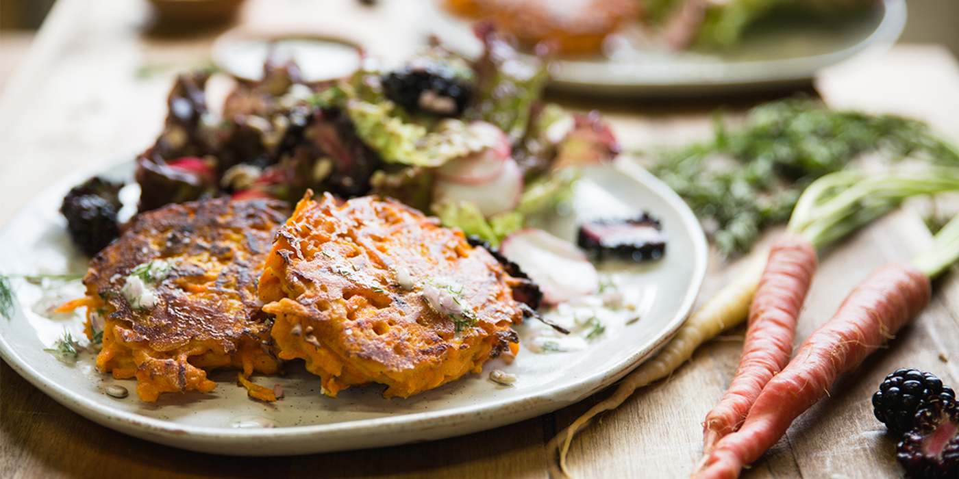 Carrot Socca with Red Lettuce Blackberry Salad & Dill Dressing