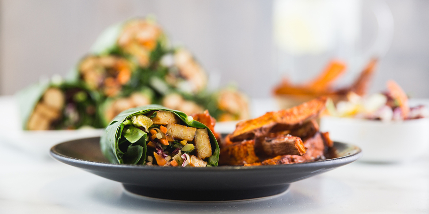 BBQ Tempeh Collard Wraps with Power Slaw & Zesty Sweet Potato Wedges