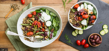 Ancient Grain Bowl with Za'atar Roasted Cherry Tomatoes & Yogurt Cucumbers