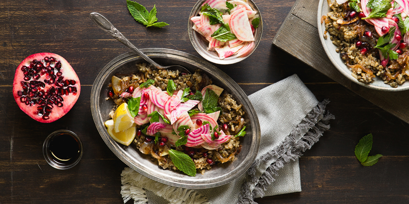 Pomegranate Mujaddara with Caramelized Onions and Herbed Beet Salad